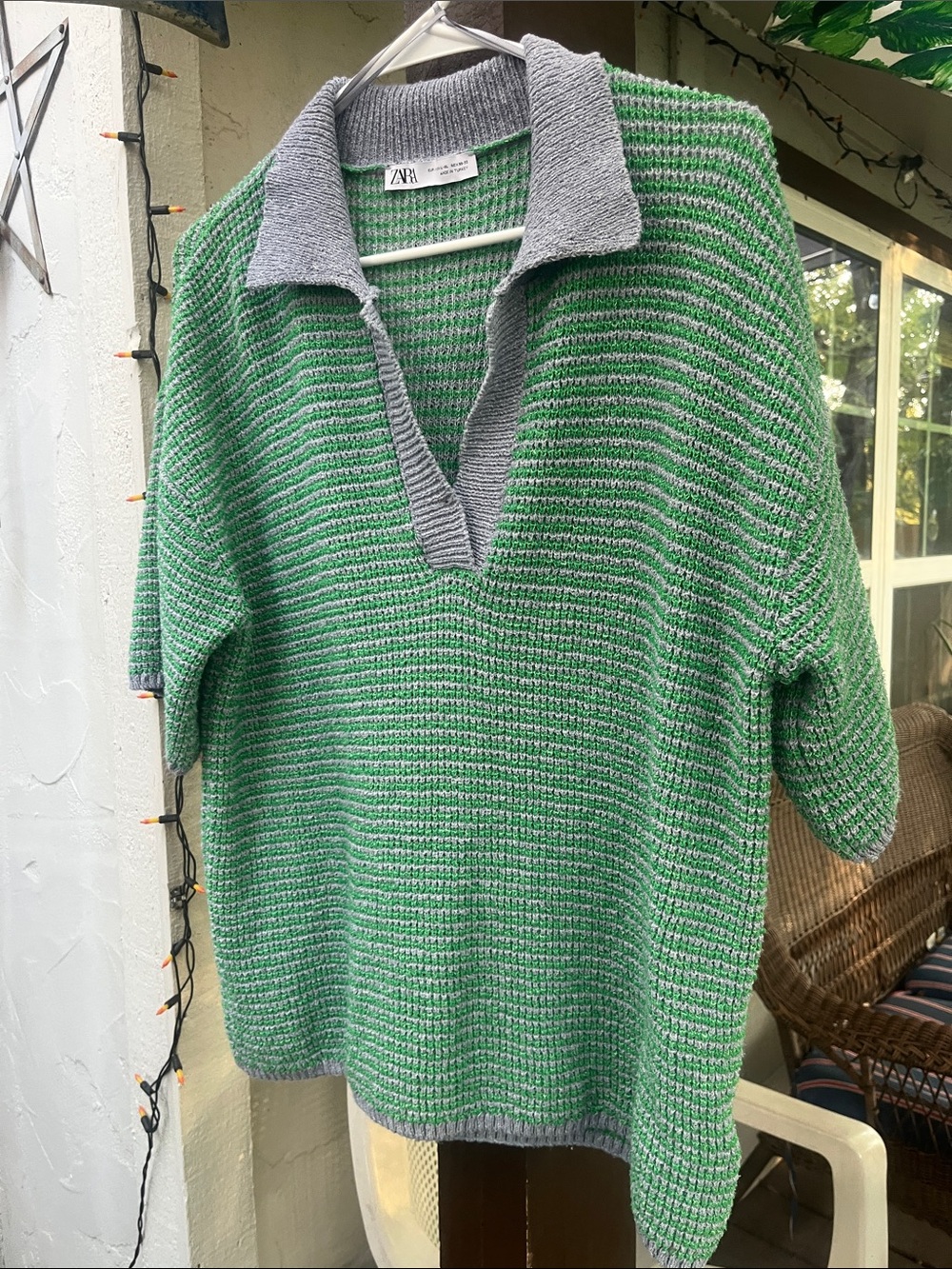 Zara Striped Open-Knit Pull Over Polo Sweater Top Green/Purple 6427/041/330 NWOT